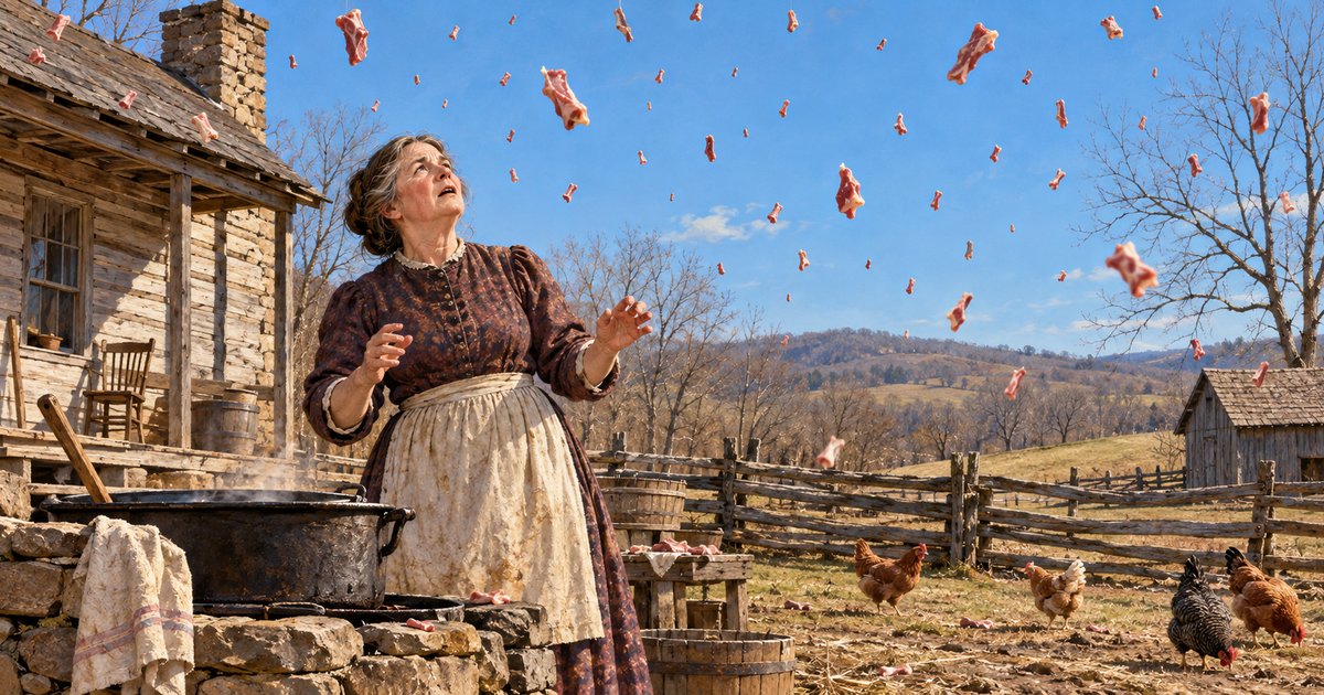 Illustration of Rebecca Crouch beside a soap-making kettle as scraps of meat fall over a Kentucky farm beneath a blue sky.