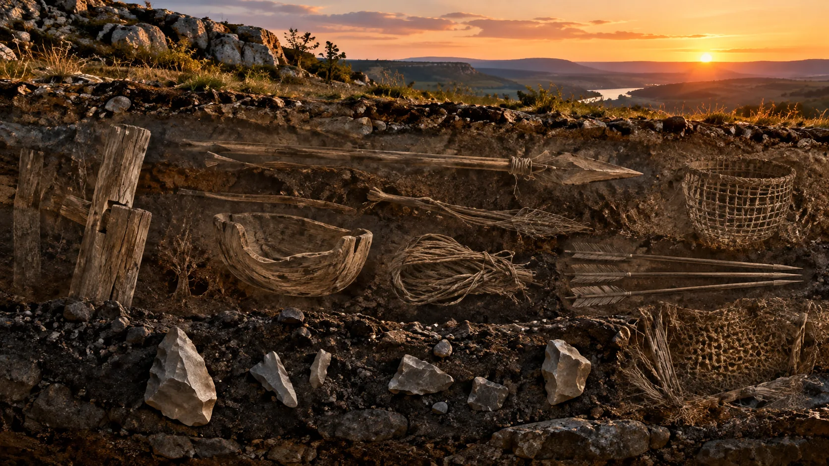 Illustration of prehistoric wooden tools, arrows, cordage and woven baskets in an earth cutaway at sunset.
